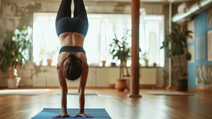 woman-performing-handstand-yoga-mat